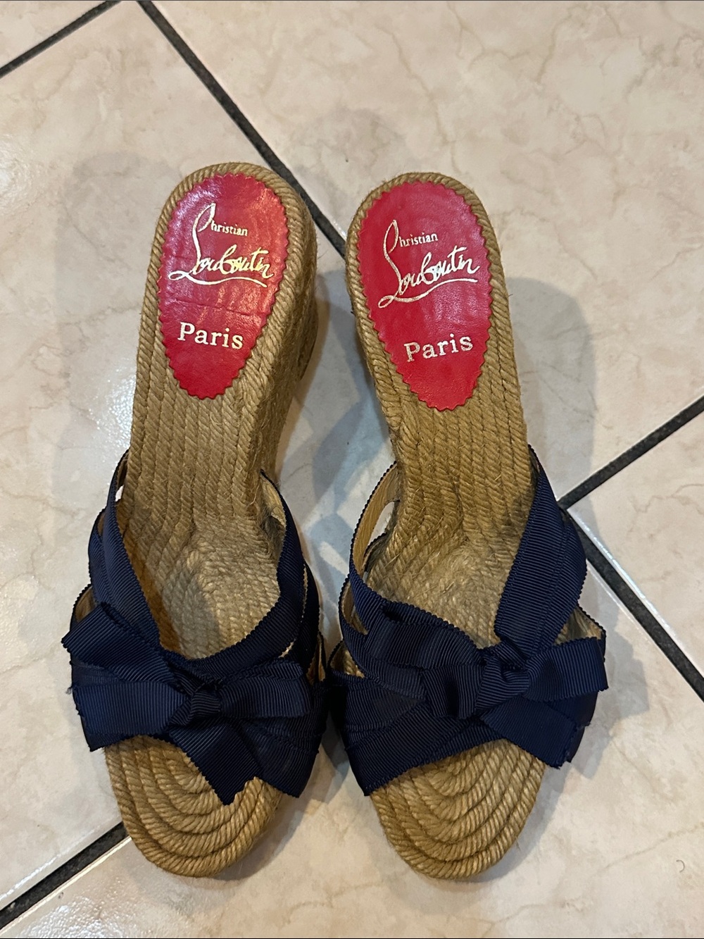 Christian Louboutin Navy Bow Rope Wedge Slides used in good condition